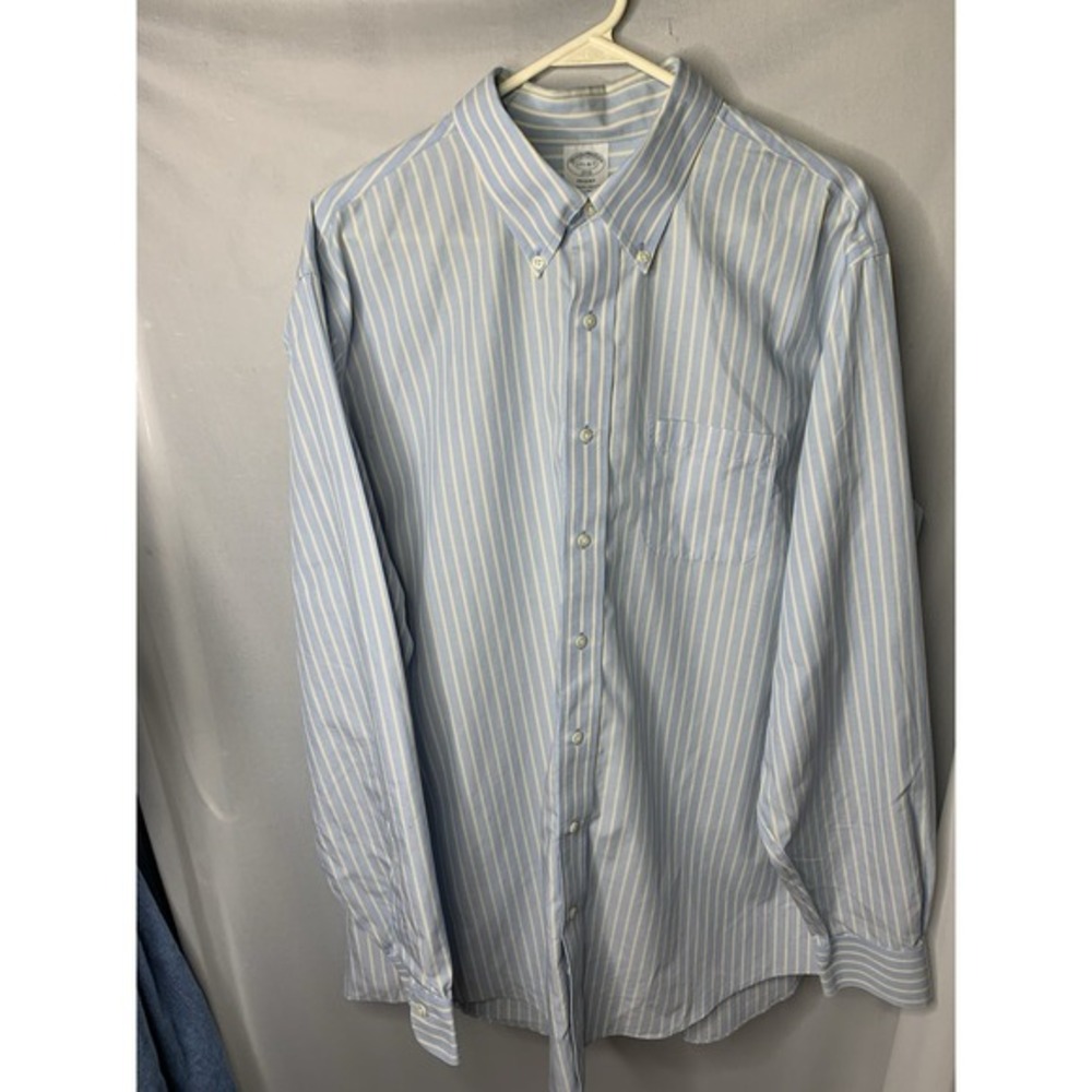 Mens Brooks Brother 17.5 6/7 Regent Blue Striped Button Down‎ Long Sleeve